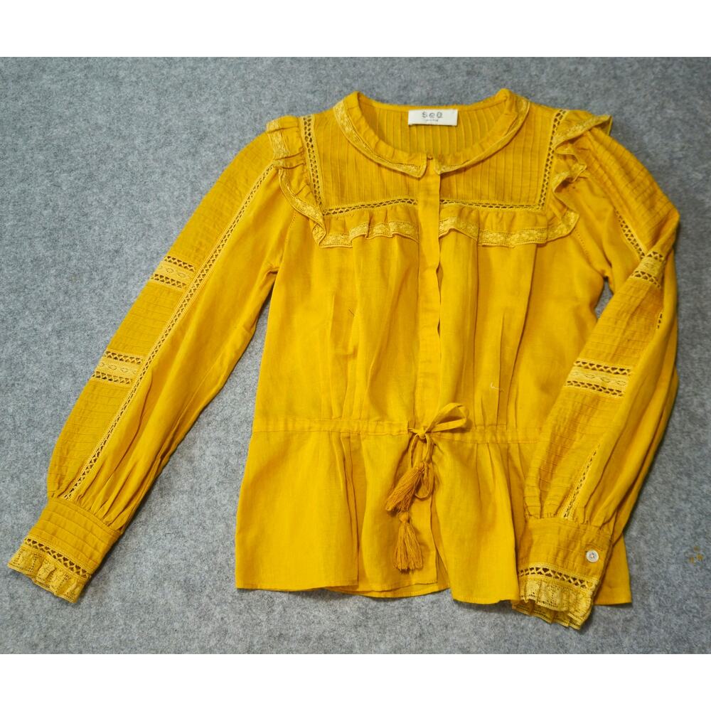 Sea New York Mustard Yellow Ruffle Lace Tassel Blouse